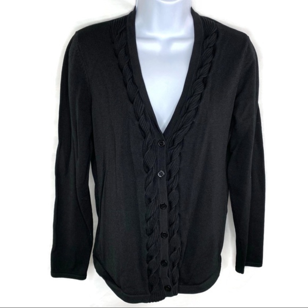 Kasper Twist V-Neck Black Stretch Button Down Cardigan Sweater Medium